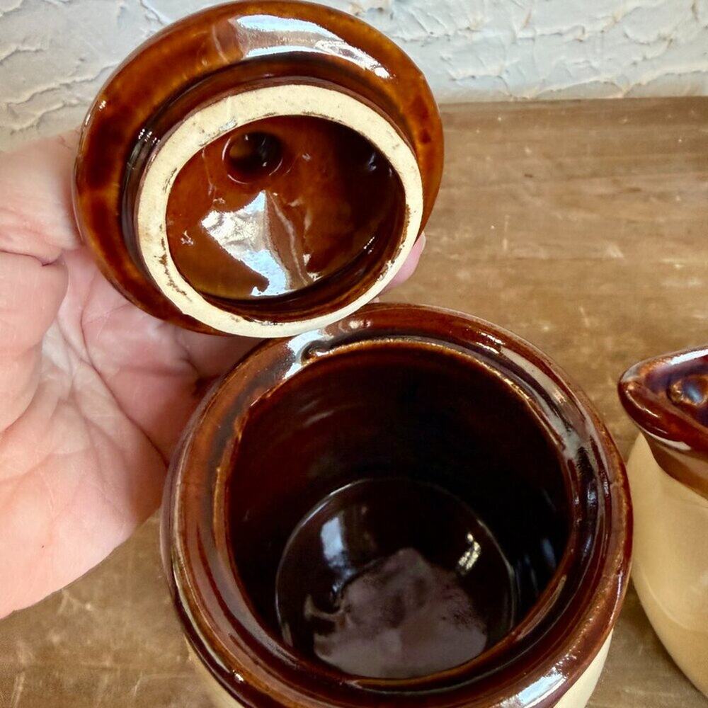 Vintage Stoneware Creamer & Sugar Bowl Set | Brown Drip Glaze Wheat Design - Picture 3 of 11